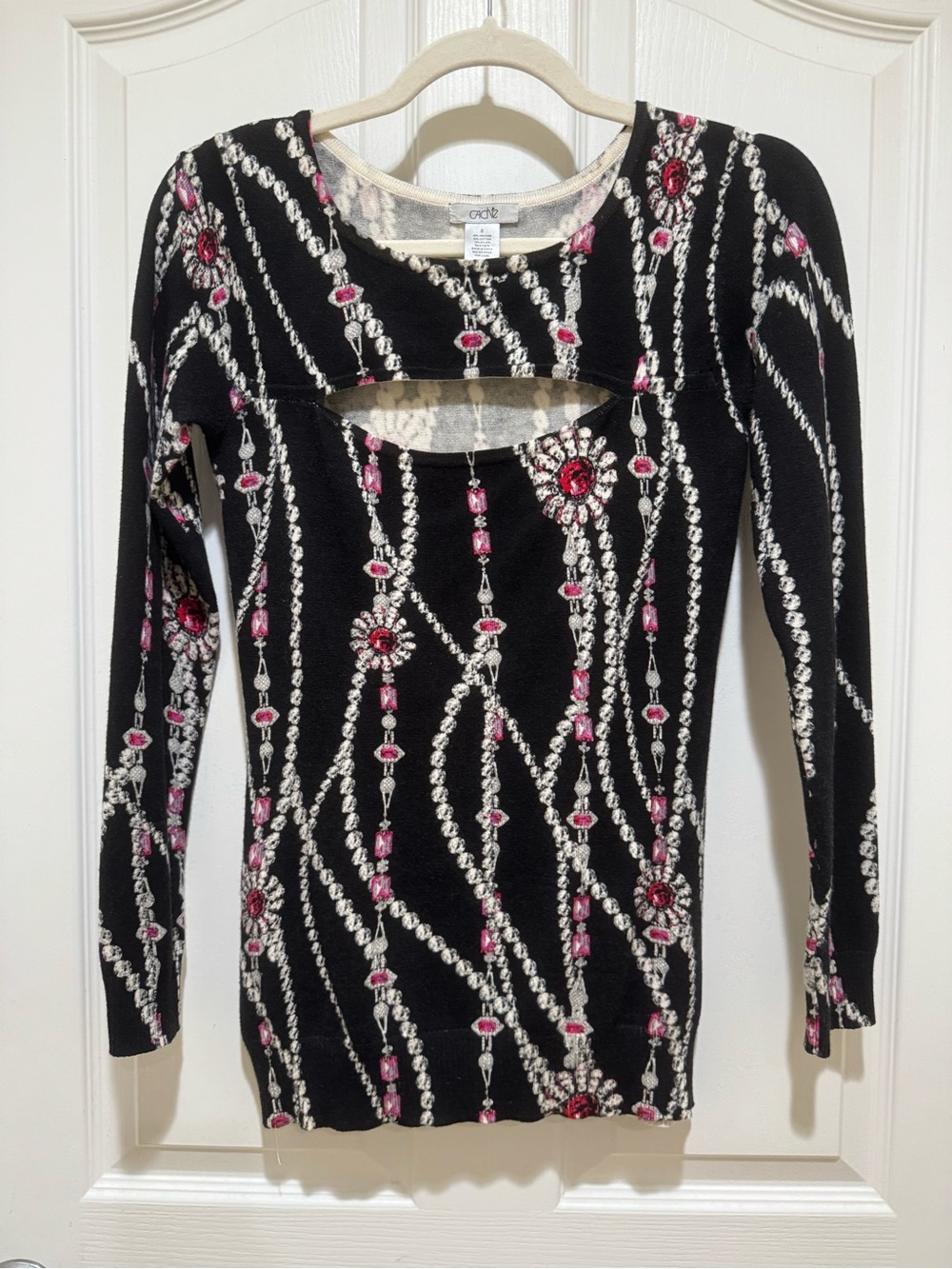 Y2K Cache Black Pink Jewel Print Cutout Sweater Top Size S